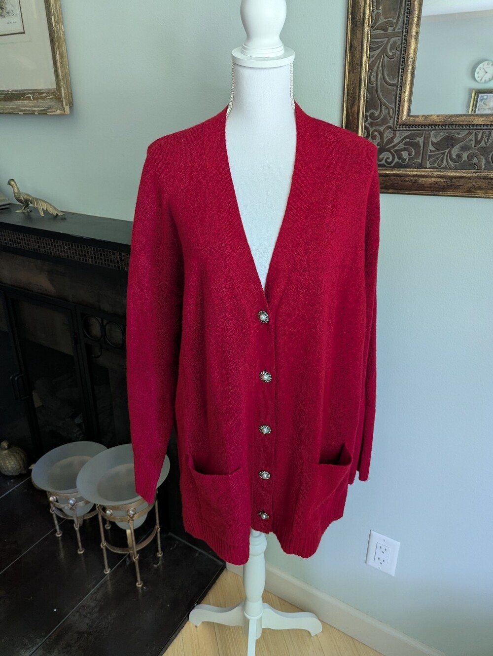 Talbots Sweater Women's XL Soft Long Cardigan V-Neck Red Rhinestone Buttons